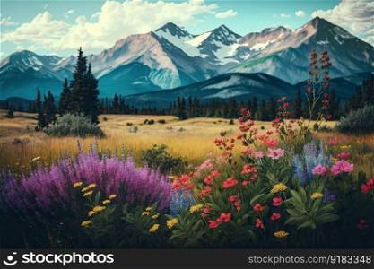 meadow with vibrant wildflowers in the foreground and mountain range in the background, created with generative ai. meadow with vibrant wildflowers in the foreground and mountain range in the background