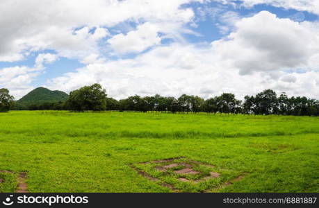 Meadows, mountains and blue sky panorama.