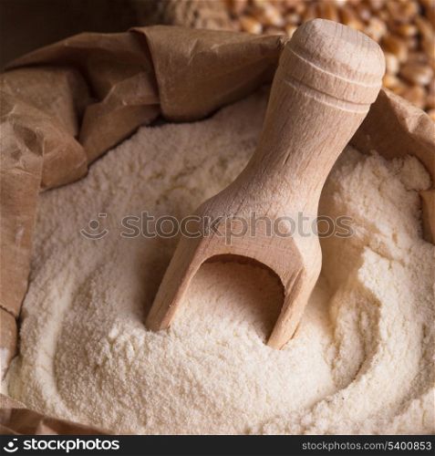 Meal in sack with wooden spoon closeup