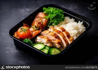 Meal prep containers with healthy lunch to go for work or school with grilled chicken, rice and vegetables. Generative AI