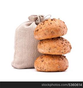 Meal sack and bread rolls still life isolated on white background cutout
