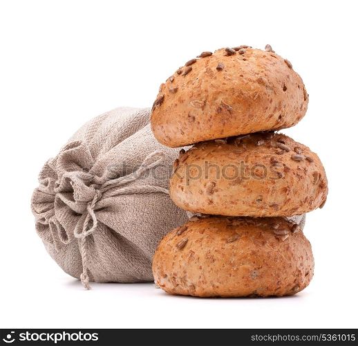 Meal sack and bread rolls still life isolated on white background cutout