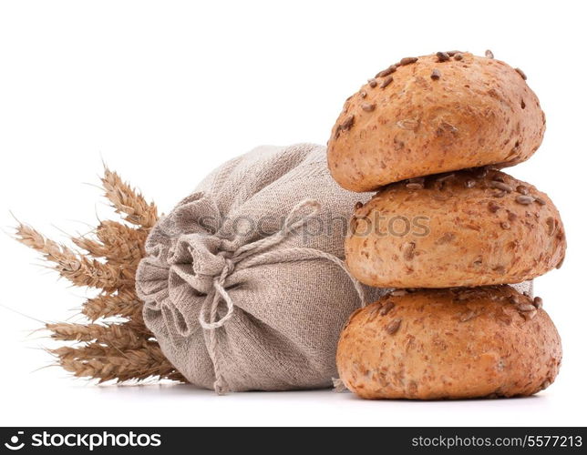 Meal sack, bread rolls and ears bunch still life isolated on white background cutout