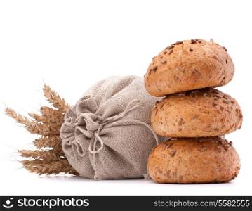 Meal sack, bread rolls and ears bunch still life isolated on white background cutout