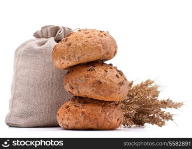 Meal sack, bread rolls and ears bunch still life isolated on white background cutout