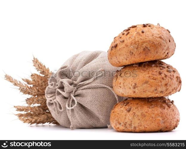 Meal sack, bread rolls and ears bunch still life isolated on white background cutout