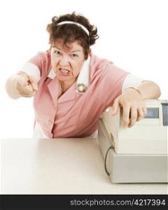 Mean, angry cashier in a school lunchroom or cafeteria. White background.