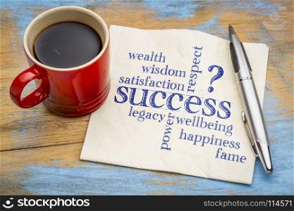 meaning of success word cloud - handwriting on a napkin with a cup of coffee