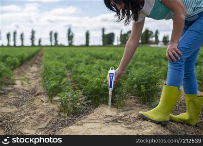 Measure soil with digital device. Green plants and woman farmer measure PH and moisture in the soil. High technology agriculture concept.