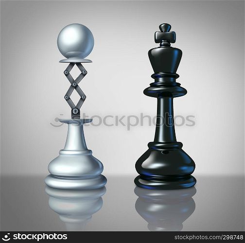 Measuring up to the competition as a business success concept as a chess pawn lifting up to compete with a king as a leadership symbol as a 3D illustration.