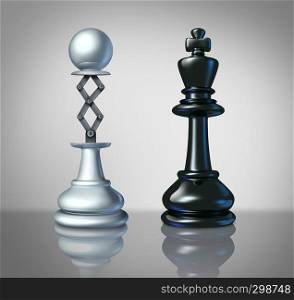 Measuring up to the competition as a business success concept as a chess pawn lifting up to compete with a king as a leadership symbol as a 3D illustration.