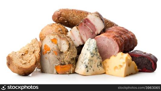 Meat and cheese isolated on a white background