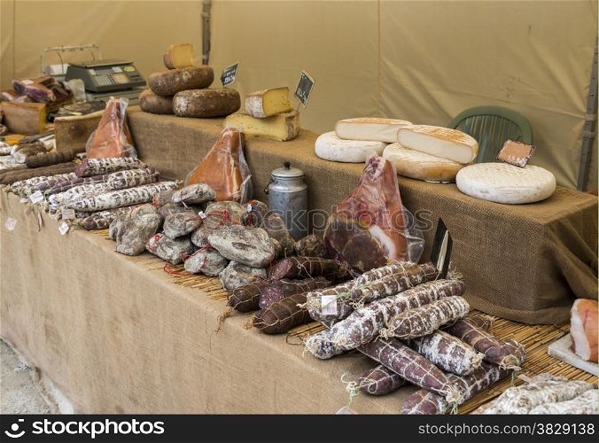 meat and cheese on belgium market in the place bouillon