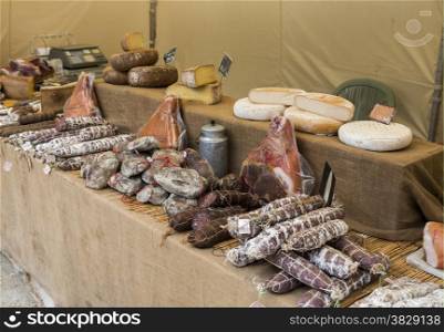 meat and cheese on belgium market in the place bouillon