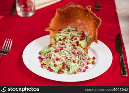 meat and pomegranate salad . salad with meat sauce and pomegranate