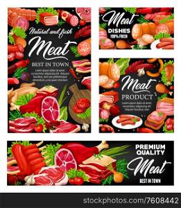 Meat and sausages with spice herbs vector design of butcher shop food. Beef steak, salami and pork ham, chicken legs, turkey and bacon strips, barbecue frankfurter and burger patty on chalkboard. Beef and pork meat sausages, ham, salami and bacon