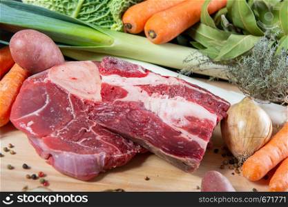 meat and vegetables for preparation of a french pot au feu