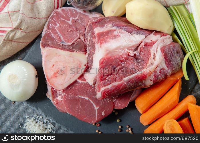 meat and vegetables for preparation of a french pot au feu