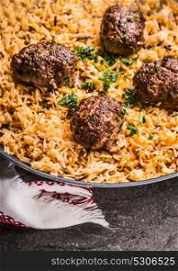 Meat balls with rice dish , close up
