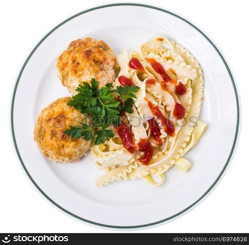 Meat cutlets with pasta and ketchup. Studio Photo. Meat cutlets with pasta and ketchup