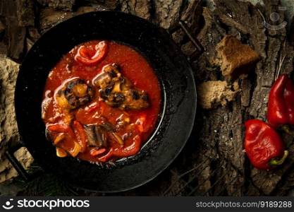 meat dish in a frying pan against the background of the bark of a tree. dish on a tree bark