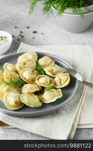 Meat dumplings - russian pelmeni, ravioli with meat on a grey plate.  Food photography