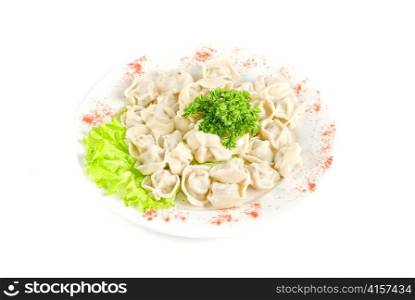 meat dumplings with greens on a white