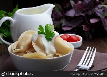 Meat dumplings with sour cream, traditional pelmeni or varenyky dish