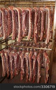 Meat in production proces in a cold cut factory