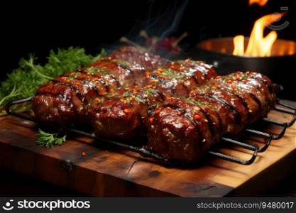 Meat kebab grilled on a grill grid. Generative AI