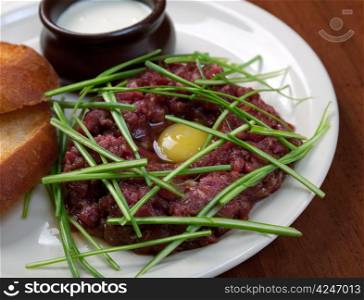 meat mincemeat with egg and crouton