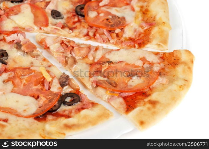 meat pizza closeup with carbonado ham, tomato, olive and mozzarella cheese