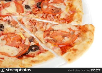 meat pizza closeup with carbonado ham, tomato, olive and mozzarella cheese