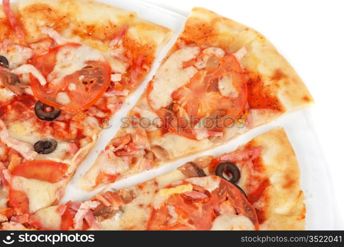 meat pizza closeup with carbonado ham, tomato, olive and mozzarella cheese