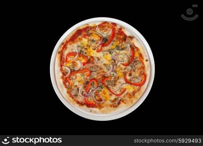 meat pizza on black. meat pizza with vegetables at the table