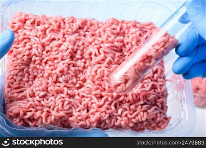 Meat quality inspection. Ground meat in lab test tube in scientist hands.