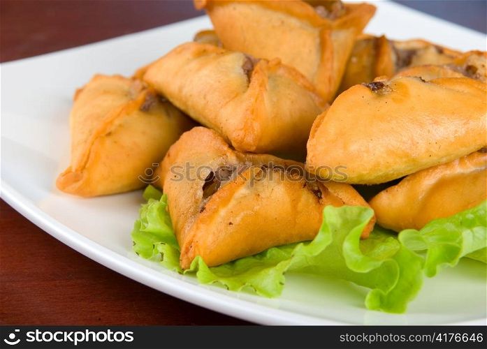 Meat roasted dumplings with lettuce on a plate