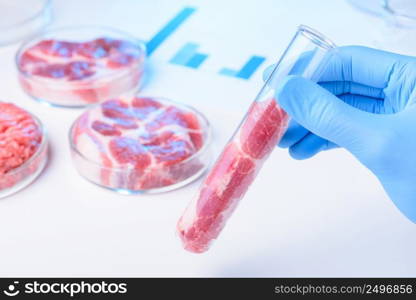 Meat s&le in test tube. Lab meat or quality inspection concept.