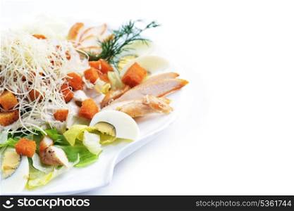 meat salad with croutons, cheese and boiled egg