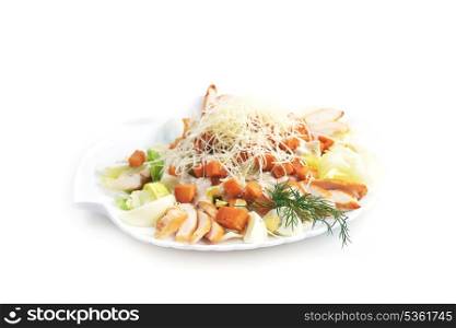 meat salad with croutons, cheese and boiled egg