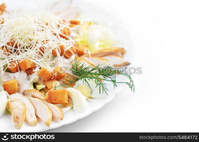 meat salad with croutons, cheese and boiled egg