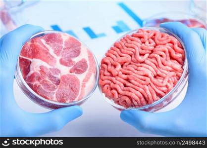 Meat sample in Petri dishes. Cultured cell lab meat concept.