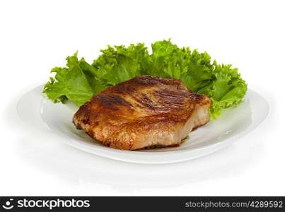 meat steak with lettuce isolated on white background