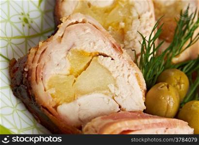 Meat wrapped rolls with turkey, chicken and apricot breast