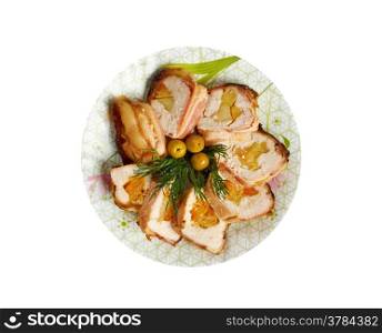 Meat wrapped rolls with turkey, chicken and apricot breast..isolated on white