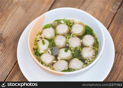 meatball soup bowl, Asian Thai food meat ball and pork balls on wooden background