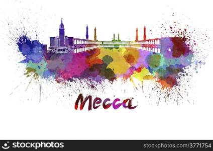 Mecca skyline in watercolor splatters with clipping path. Mecca skyline in watercolor