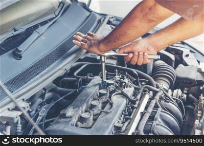 Mechanic Car Service in automobile garage auto car and vehicles service mechanical engineering. Automobile mechanic hands car repairs automotive technician workshop center. Services car engine machine