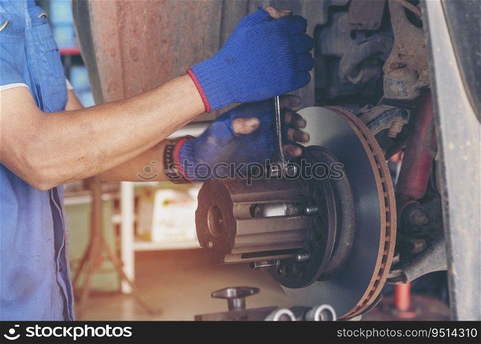 Mechanic Car Service in automotive garage auto car center and vehicles service mechanical engineering. Technician mechanic hands car repairs workshop service center. Services car engine machine.