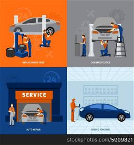 Mechanic design concept set with tires replacement auto repair flat icons isolated vector illustration. Mechanic Flat Set
